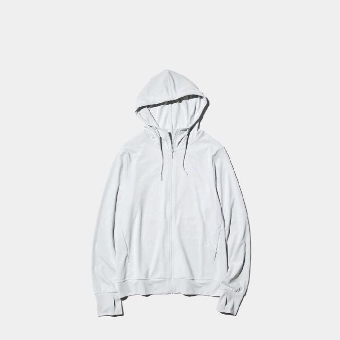 uniqlo airism jaket hoodie wanita risleting proteksi sinar uv - jacket olahraga white