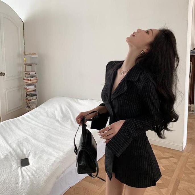 Argipratamashop - Kemeja Lengan Panjang Bergaris Ala Korea Kemeja Slim Fit V-Neck Atasan Mid-Length 