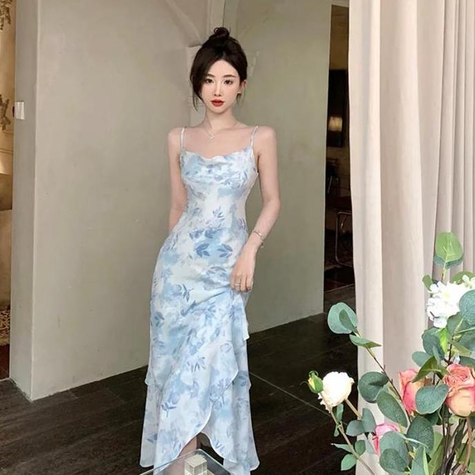 Xyxy- 7863 Sky Blue Dress Korean Gaun Korean Style Long Dress Sexy Wanita Dress Elegant Dan Mewah Pa