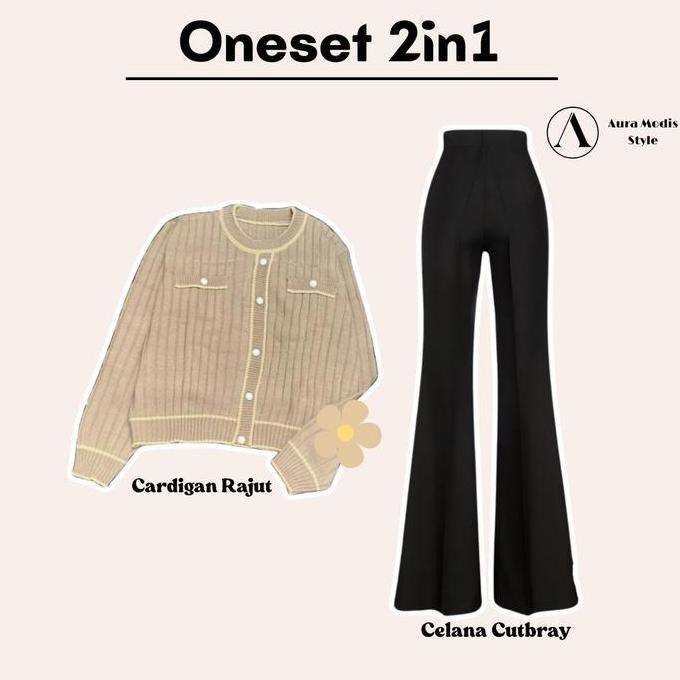Sendtoday- One Set Hijab Ootd ( Cardigan Crop Rajut + Celana Cutbray + Hijab Paris ) Am138N Cantik W