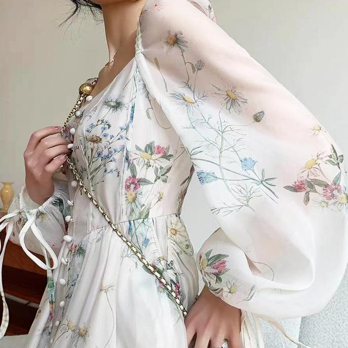 Xyxy- Gown Chachu Dress Organza Midi Vintage Bodycon Putih Fairy Gaun Elegan Wanita Casual Pesta Baj