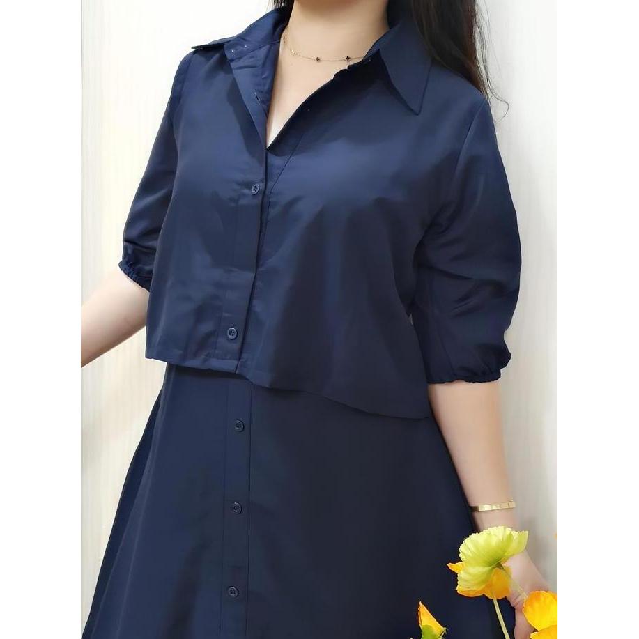 Xyxy- Dress Wanita - Dress Putih Katun Poplin - Dress Korea Furing Dalam Midi Dress Elegan