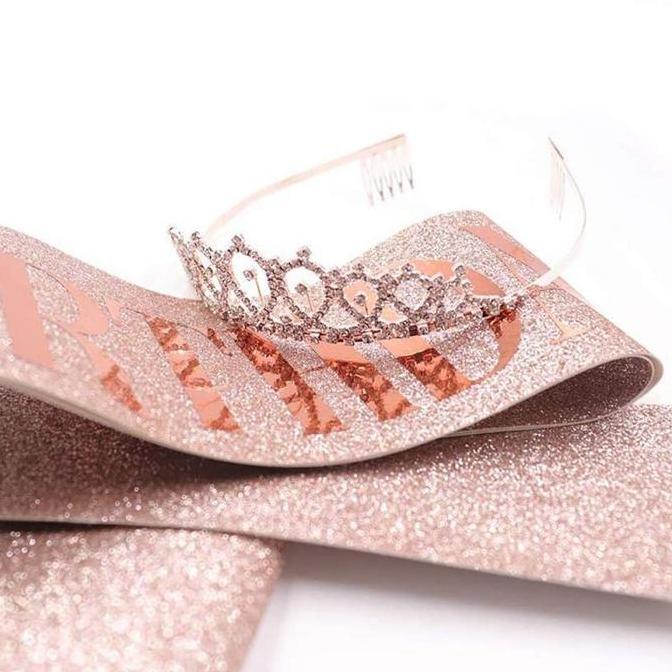 fiqsan2001 - gadis ulang tahun emas mawar ratu putri berlian imitasi mahkota satin selempang bahu ta