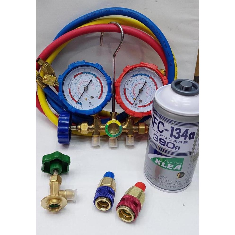 PAKET KOMPLIT ISI AC MOBIL R134A DOUBLE MANIFOLD ORIGINAL DAN TERPERCAYA