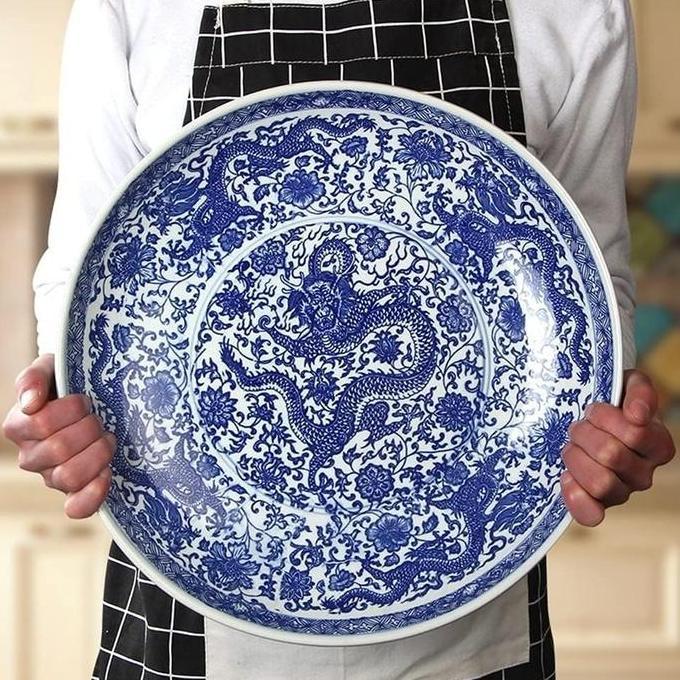 Piring Hias Keramik Tebal Motif Naga / Blue Chinoiserie Dragon Plate D214