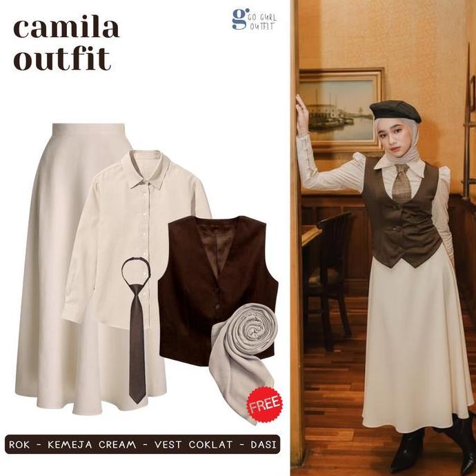 Outfit Yearbook Vintage Dark Academia | Kemeja Cream , Vest Coklat Tua , Rok Ivory , Dasi Coklat Tua