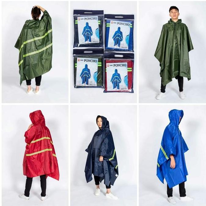 GRC Jas Hujan Ponco Bahan PVC Safety Scotchlite Reflektif Strip Tahan Air, Kancing Samping, Tali Pen