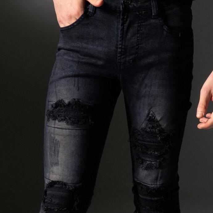 Weird Jeans - Austin Black - Celana Jeans Pria Slimfit Strech Ripped Tambal Denim Nyaman Stretch