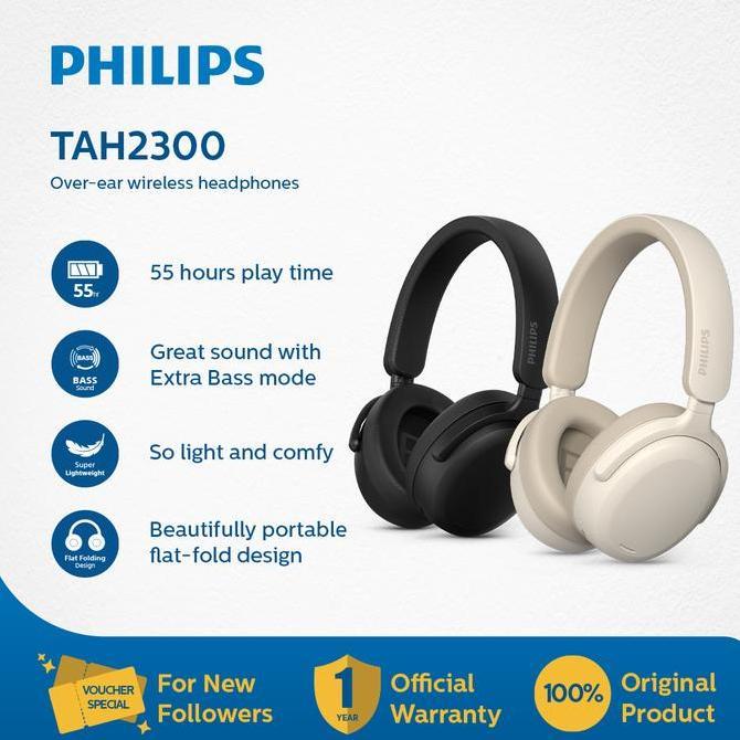 Philips TAH2300 Over-Ear Wireless Headphone Bluetooth 5.4, Hitam/Putih