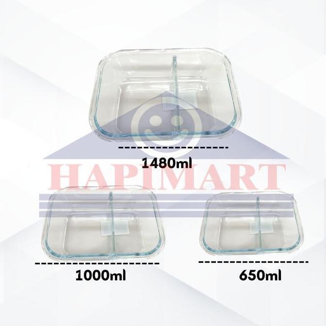 Thebest- Glasslock Wadah Tempat Makanan Persegi 2 Sekat Storage Putih Satuan