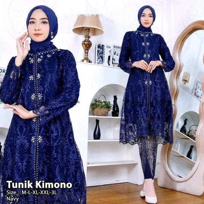 Promo Couple Kebaya Modern Navy Batik Saroja Navy- Baju Setelan Kebaya Payet Pasangan Sarimbit