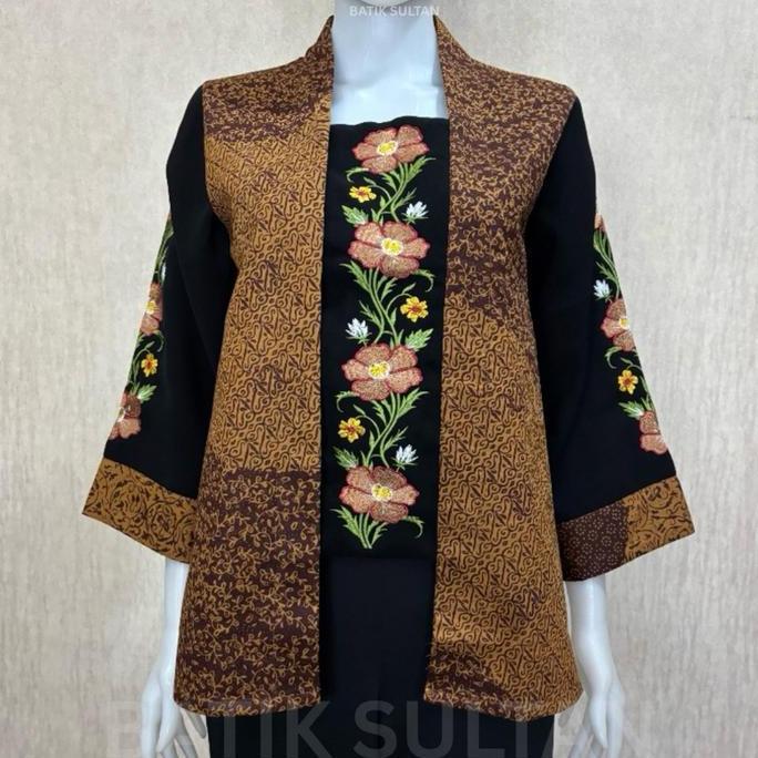 Murah Atasan Blouse Wanita Batik Bordir Kain Katun Sogan Kombinasi Mewah Elegan Premium Lapisan Tric