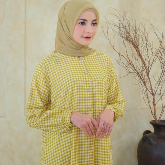 Sale Nnfashion ~ Aqeela Dress Gamis Wanita Muslimah Bahan Cotton Motif Kotak Panjang Kancing Outfit 