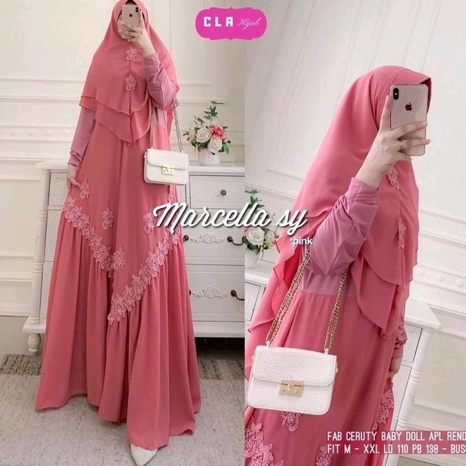 Sale Syar'I Set Hijab Marcella Dress Ceruty Babydoll Mix Jersey Gamis Syari Set Khimar Polos Putih