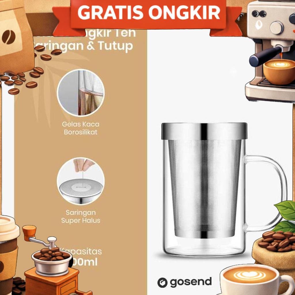 Gelas Cangkir Teh Kaca 400Ml Saringan Dan Tutup Stainless Steel
