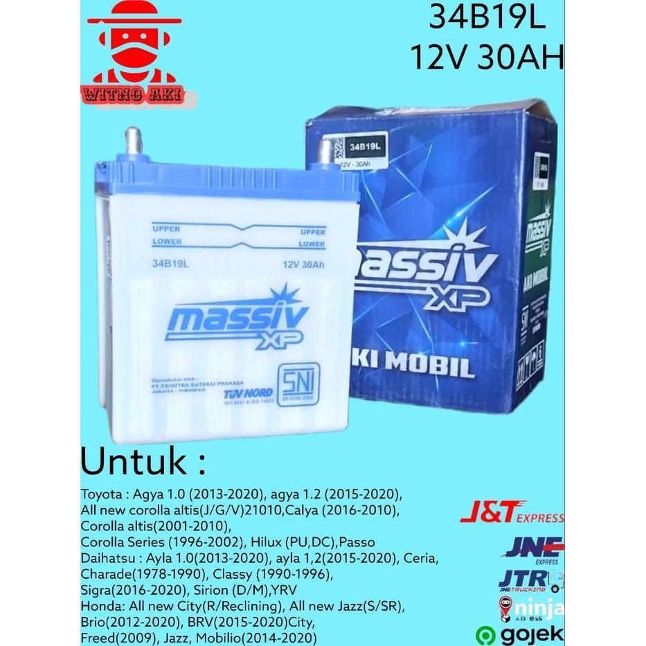 Aki Mobil Agya, Ayla, Calya, Sigra  34B19L Massiv Xp Aki Basah Original Dan Terpercaya