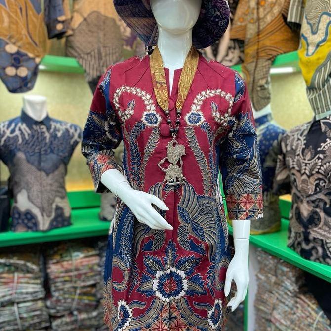 Murah Batik Tunik Atasan Wanita Kancing Depan Motif Merah Maroon Burung Kembar Bahan Katun