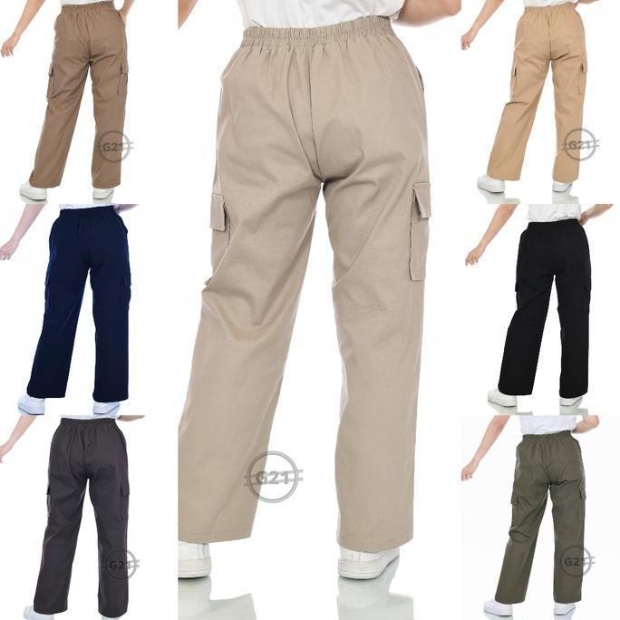 Griloff- Celana Kulot Kargo Panjang Wanita Model Pinggang Karet Belakang Hitam Twill Katun Melar Nya