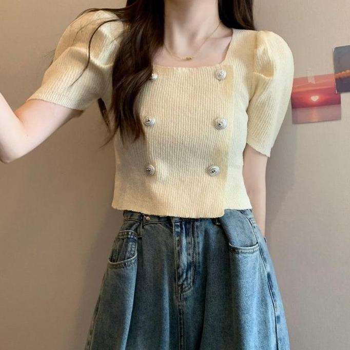 Thebest- MoodStyle // BJ1522 Baju Atasan Kaos Crop Top Lengan Pendek Balon Fashion Korean Motif Atas
