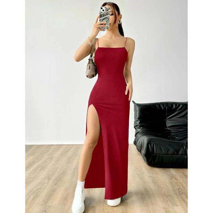 Tahan Lama Dress Party Maxi Long Belah Wanita Tanktop Dress Panjang Belah Korean Style Hitam Elegan 