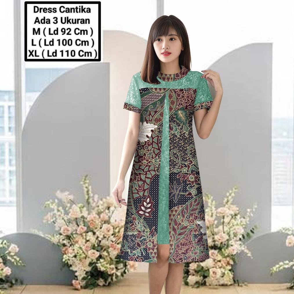 TRENDING SEKARANG Dress Wanita Midi Model Terbaru Matt Batik Kombinasi Brokat Mutiara/Dress Cantika 