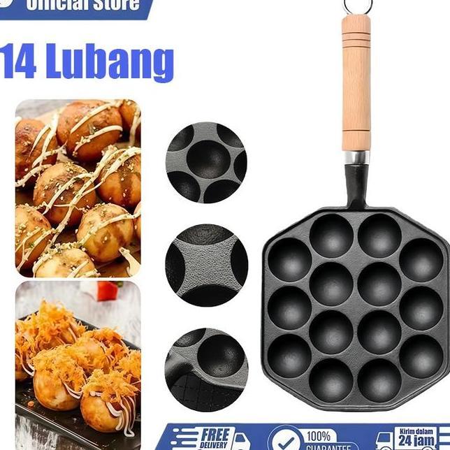14 Lubang Takoyaki Cetakan Wajan Pan Cast Iron Anti Lengket Pegangan Kayu