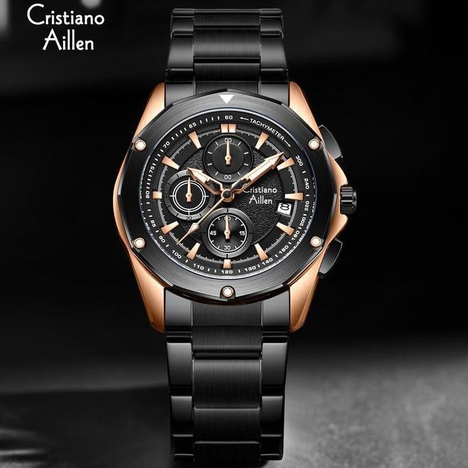 Wgwg- Cristiano Aillen Jam Tangan Pria Analog Ca 8899 Rantai Stainless Steel Chronograph Kaca Sapphi