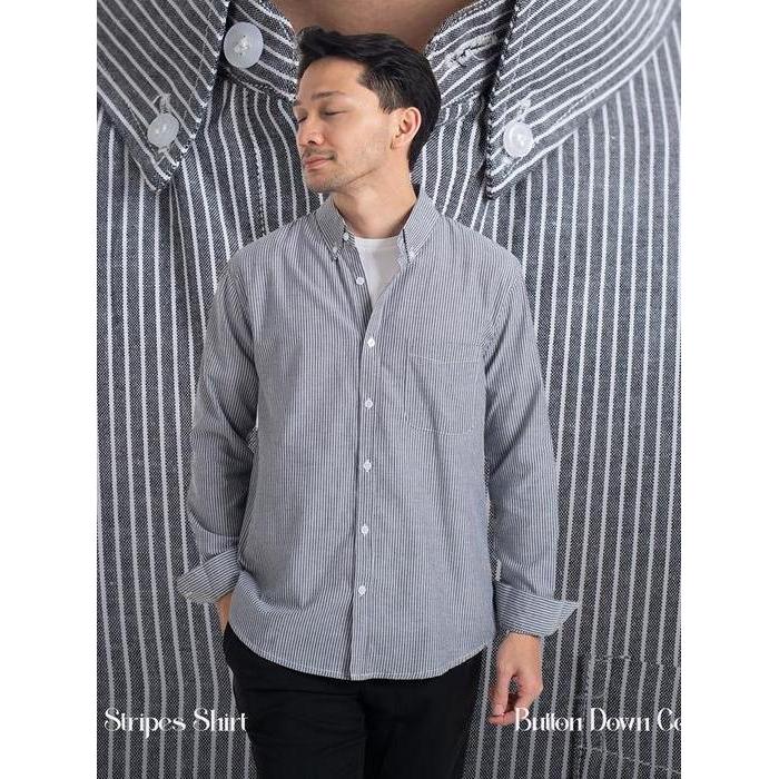 [BUNDLING] Kemeja Garis Pria WOODCUTTER Basic Luxton Stripes - Dark Grey Lengan Panjang Salur Casual