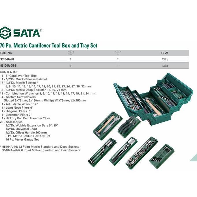 Sata 95104A-70 6Pt Cantilever Mechanic Tool Box Set 70Pcs Tool Kit Set Perkakas