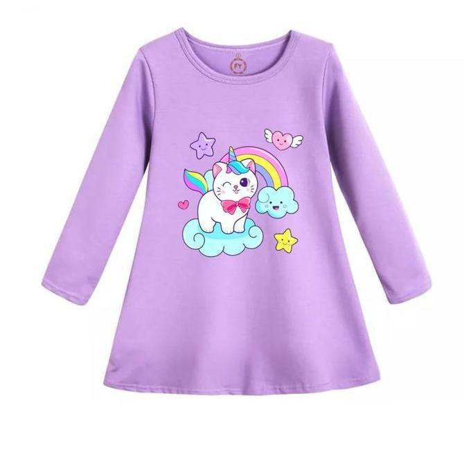 DF287 >> Kaos Daster Anak Perempuan Dress Anak Cewek Tunik Anak Meow Pelangi