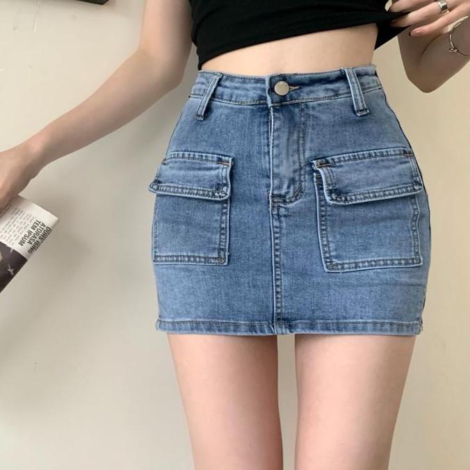 Saless S-6Xl Rok Pendek Denim Pinggang Tinggi Wanita Gaya Korea Rok Denim Bentuk A Rok Pinggul Denim