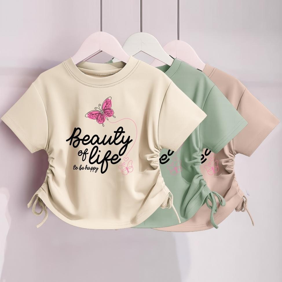 Kaos Crop Anak Cewek Beauty of Life Usia 1 - 12 Tahun | Baju Anak Perempuan Tali Serut Korean Style