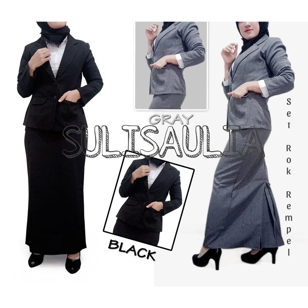 PREMIUM ONE SET SETELAN BLAZER ROK SPAN REMPEL WANITA PANJANG STELAN JAS KERJA KANTOR POLOS CEWE DEW