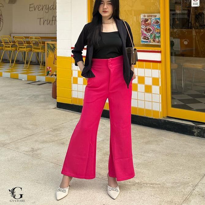 Yurima- Thalita Button Pants Celana Kulot Cutbray Scuba 75 Kancing Karet Panjang Wanita Bawahan Casu