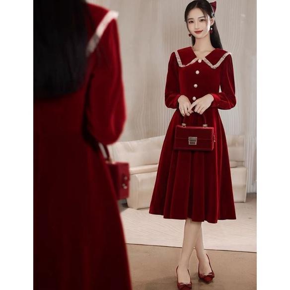 DISKON D21 DRESS KOREAN VELVET BLUDRU LENGAN PANJANG KERAH COLLAR / MIDI DRESS / VINTAGE DRESS A LIN