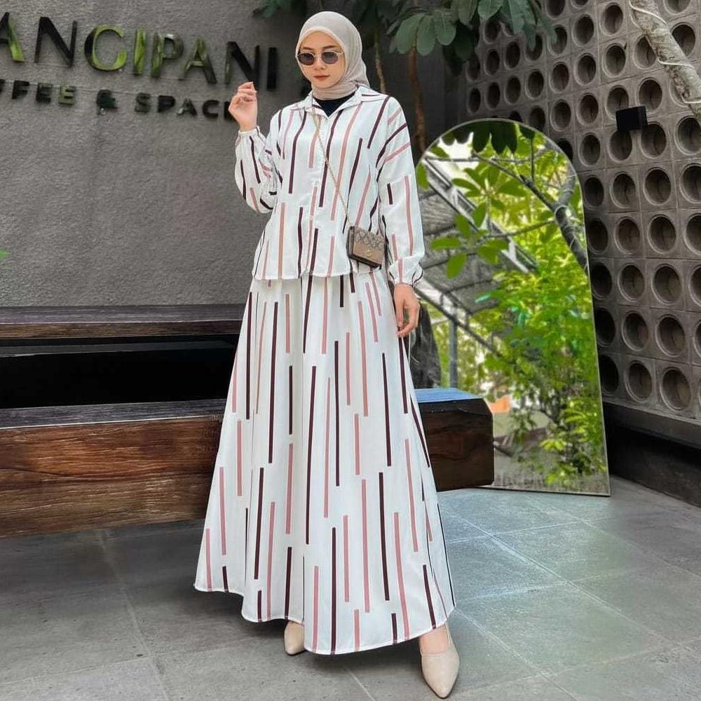 BIG PROMO Dilah setelan rok & Kemeja motif Salur Putus Set Rok  Salur Fashion Wanita Muslim