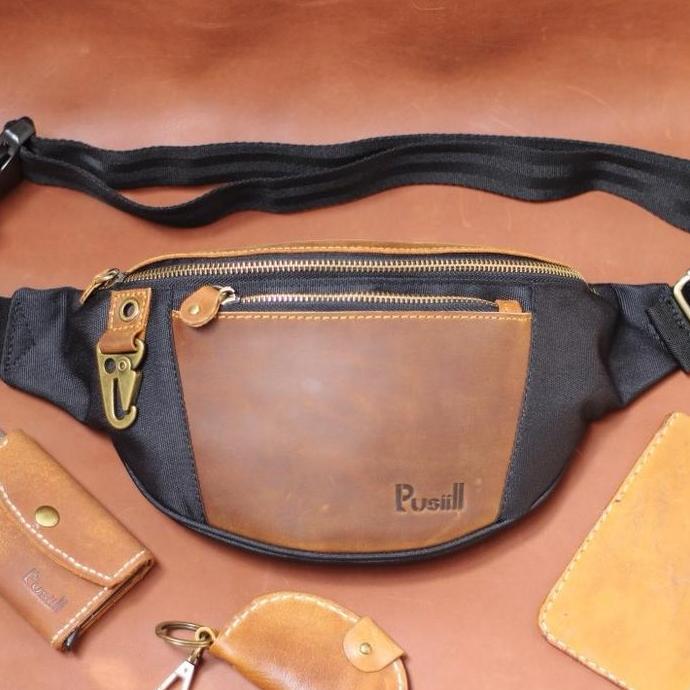 Backpack- Pusiill-Waistbag Pusiill A03/Waistbag Kombinasi Kulit Sapi Asli+Cordura/Tas Selempang/Tas 