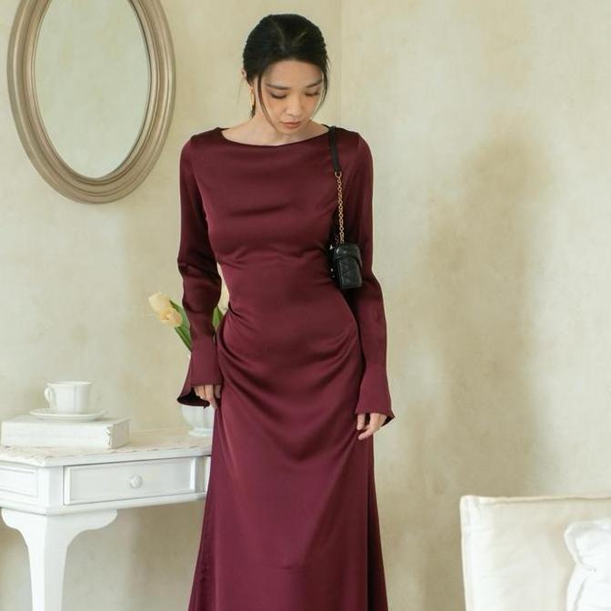 CLEA DRESS | ROOHA | Basic Satin Dress Panjang Wanita Terusan Lengan Panjang Long Sleeves Maxi Dress