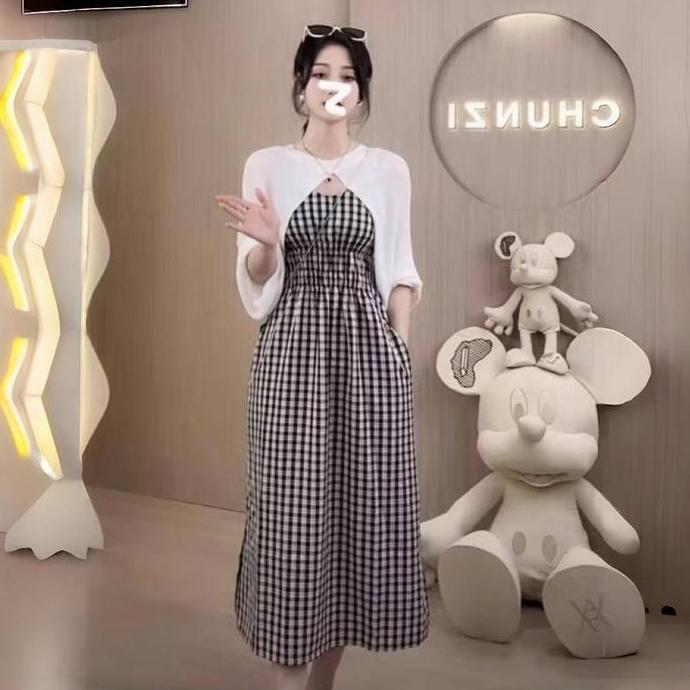 Promo Dress Wanita Simple Midi Kotak Oneset Long Dress Free Cardigan Putih Lengan Panjang M516 Disko