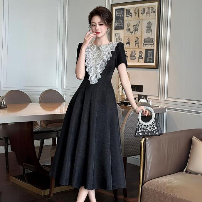 Promo FOLADY - P693 Dress Midi Wanita Import Lengan Pendek Hiasan Manik Mewah Elegant Ala Korea Styl
