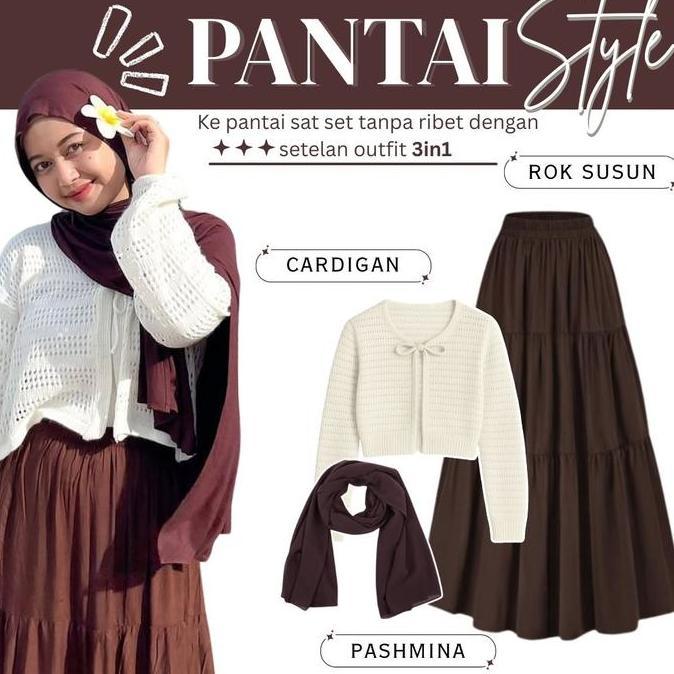 DI131 - Outfit Pantai Wanita One Set Hijab Pashmina Ceruty & Cardigan Outer Jaring & Rok Susun Cokla