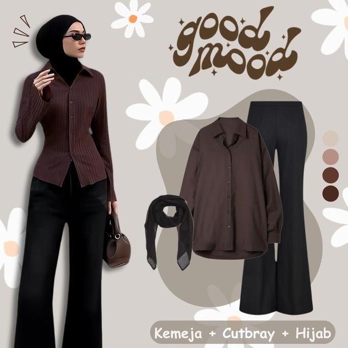 DS22 - Setelan Outfit Wanita Elegant | Kemeja Coklat + Celana Cutbray + Hijab | 3in1 Office Look Cas