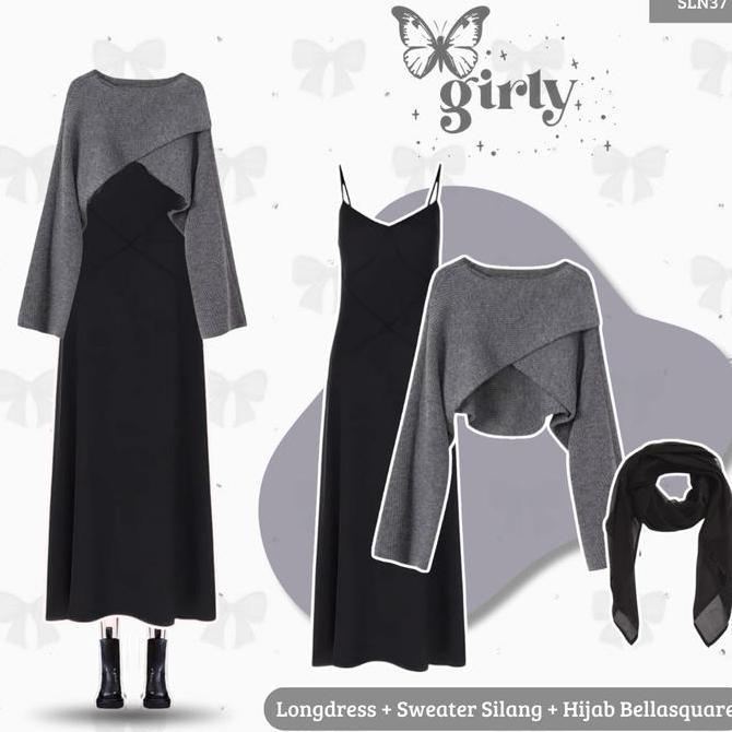 DV273 - Outfit Korean Style 3in1 (Sweater Rajut Abu, Longdress Satin Hitam, Hijab Segiempat Pollycot