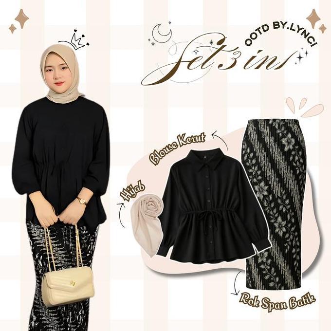 DB219 - Set Outfit Kondangan One Set 3in1 ( Rok Batik Plisket + Blouse Serut Katun & Hijab Bella Squ