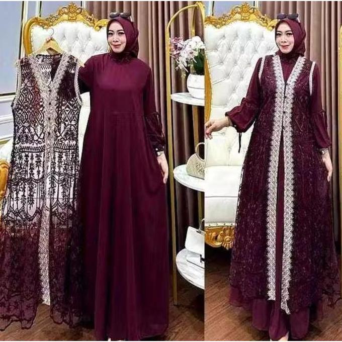 DS383 >> Naura Gamis Kondangan Terbaru Ceruty Babydol Mix Brokat Busui Warna Burgandy Dress Pesta Me