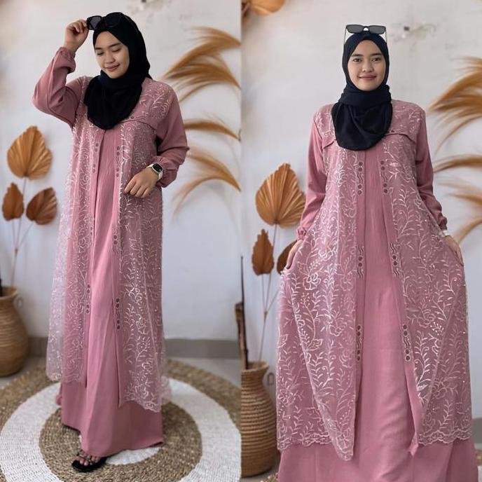 DR155 - Azhar Busana Layla Dress Model Terbaru Kondangan Bahan Crinkle Airflow Mix Burkat Mewah