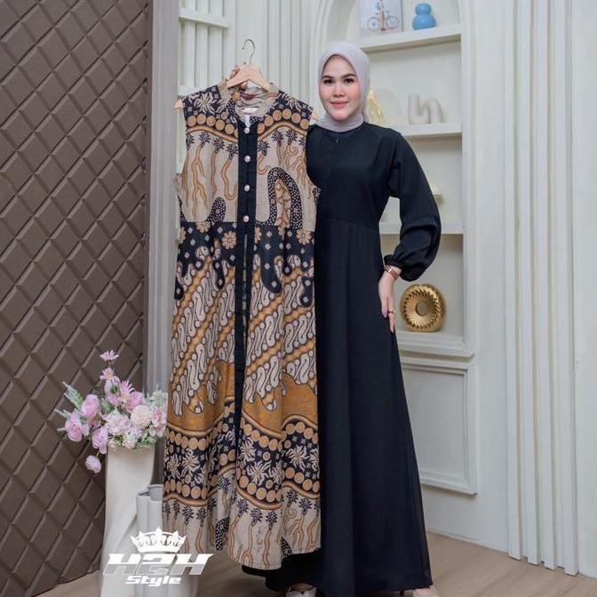 DE36 - Gamis Batik Kekinian Gamis Batik Pesta 2 in 1 Kombinasi Jack Black Gamis Mewah COD