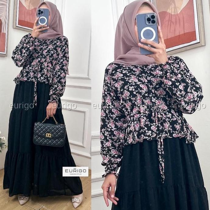 Instancodbisa- Tiara Maxy - Gamis Wanita Ceruty Full Furing Resleting Depan Serut Pinggang / 563-727