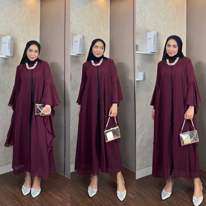 Instancodbisa- Ameena Abaya Outer Set Inner Ceruty Polos Burgundi Adem Folwy Wanita Muslimah  Dress 