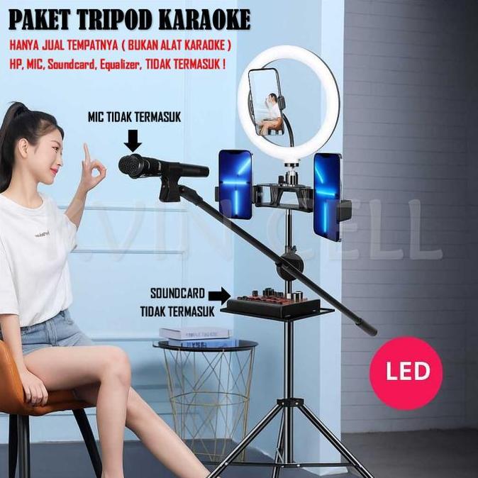 NAGASWARA.ID - PAKET TRIPOD LIVE STREAMING KARAOKE STAND AUDIO HOLDER 2HP 3 HP RING LIGHT HOLDER PAN